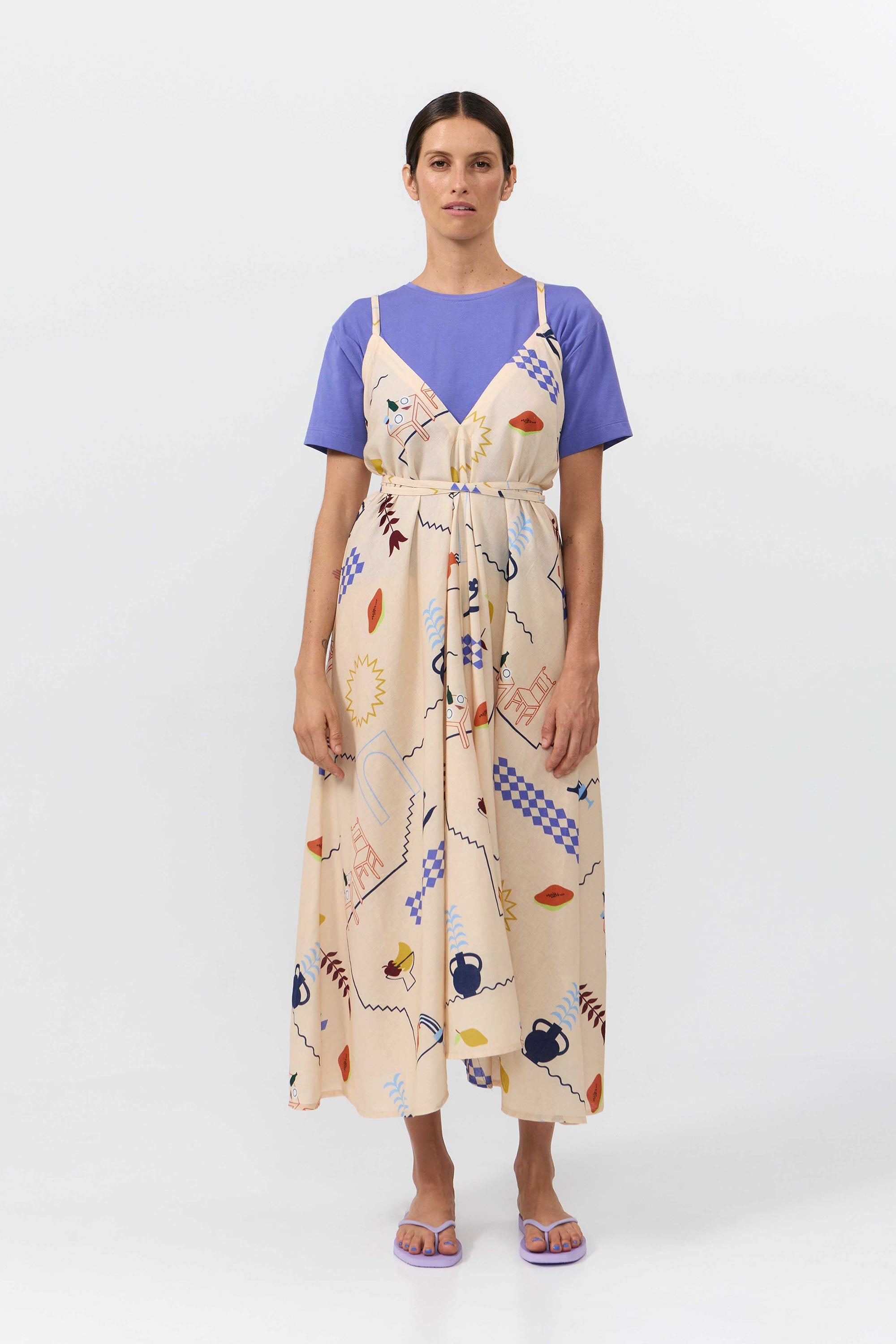 MP DRESS MIDI COTTON LINEN PRINT HOLIDAY