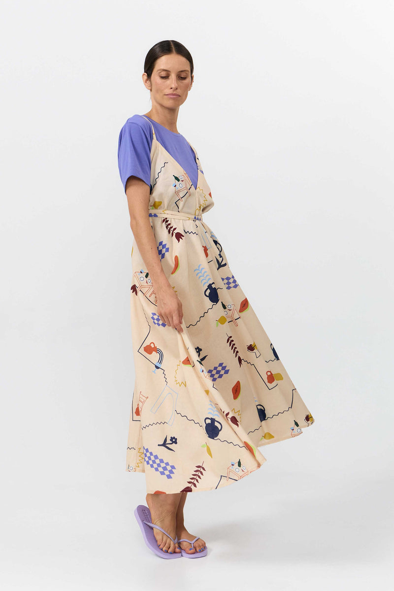 MP DRESS MIDI COTTON LINEN PRINT HOLIDAY