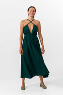 MP DRESS MIDI COTTON LINEN DEEP GREEN