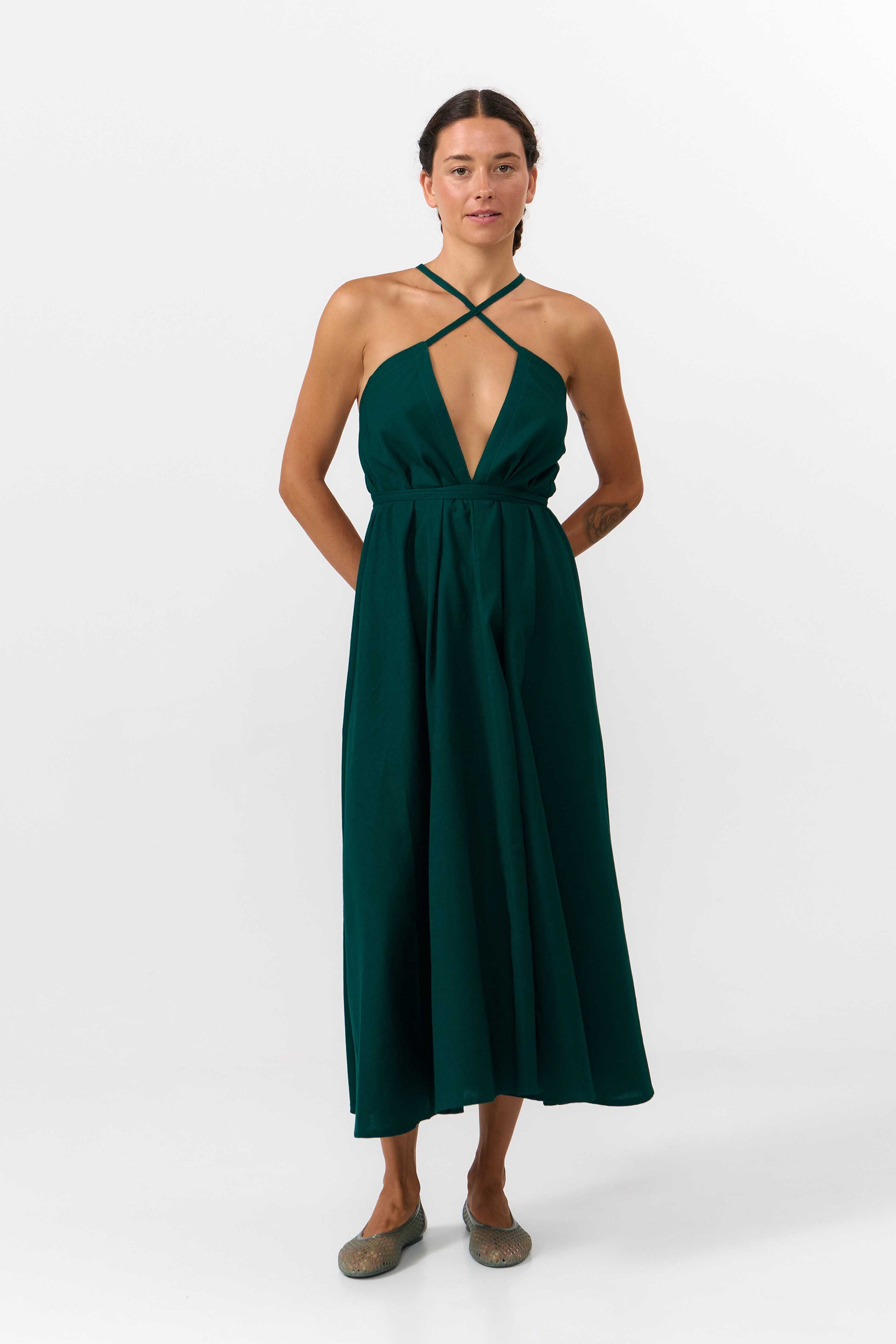 MP DRESS MIDI COTTON LINEN DEEP GREEN