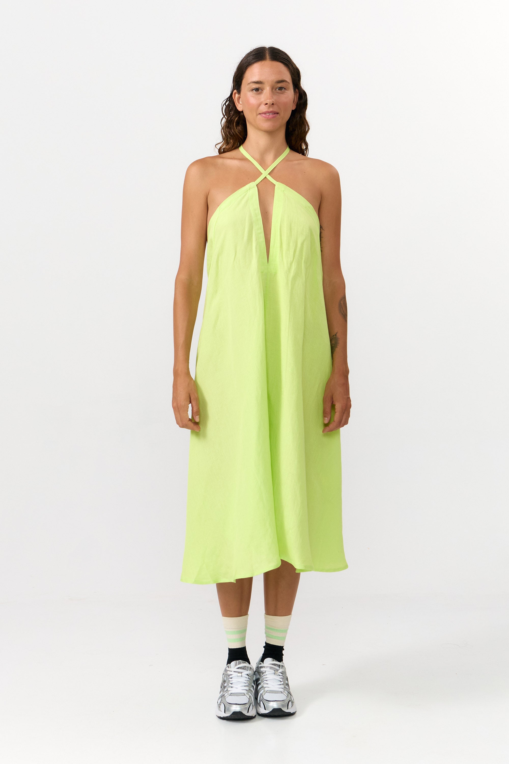 VESTIDO CORTO MULTIPOSICIÓN VISCOSA/LINO APPLE GREEN