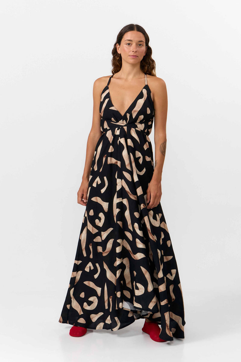 MP DRESS LONG VISCOSE LINEN PRINT STONES