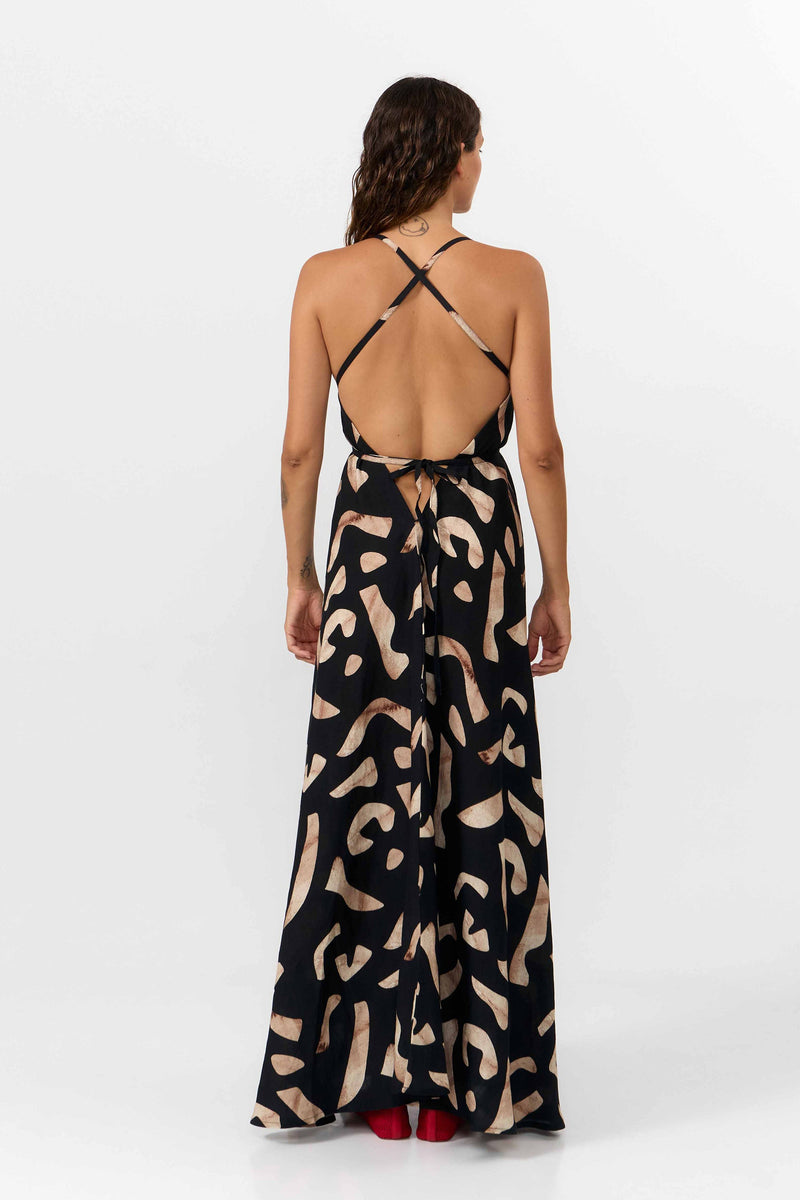MP DRESS LONG VISCOSE LINEN PRINT STONES