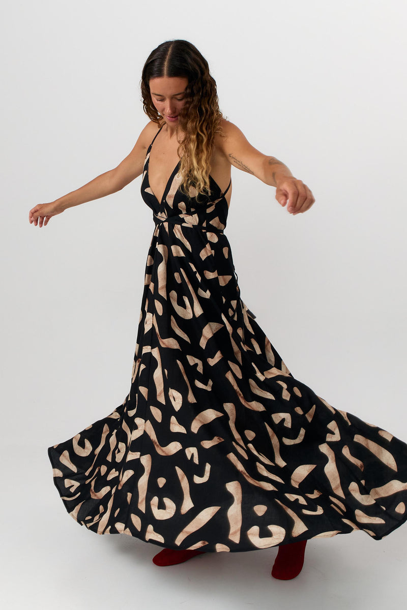 MP DRESS LONG VISCOSE LINEN PRINT STONES