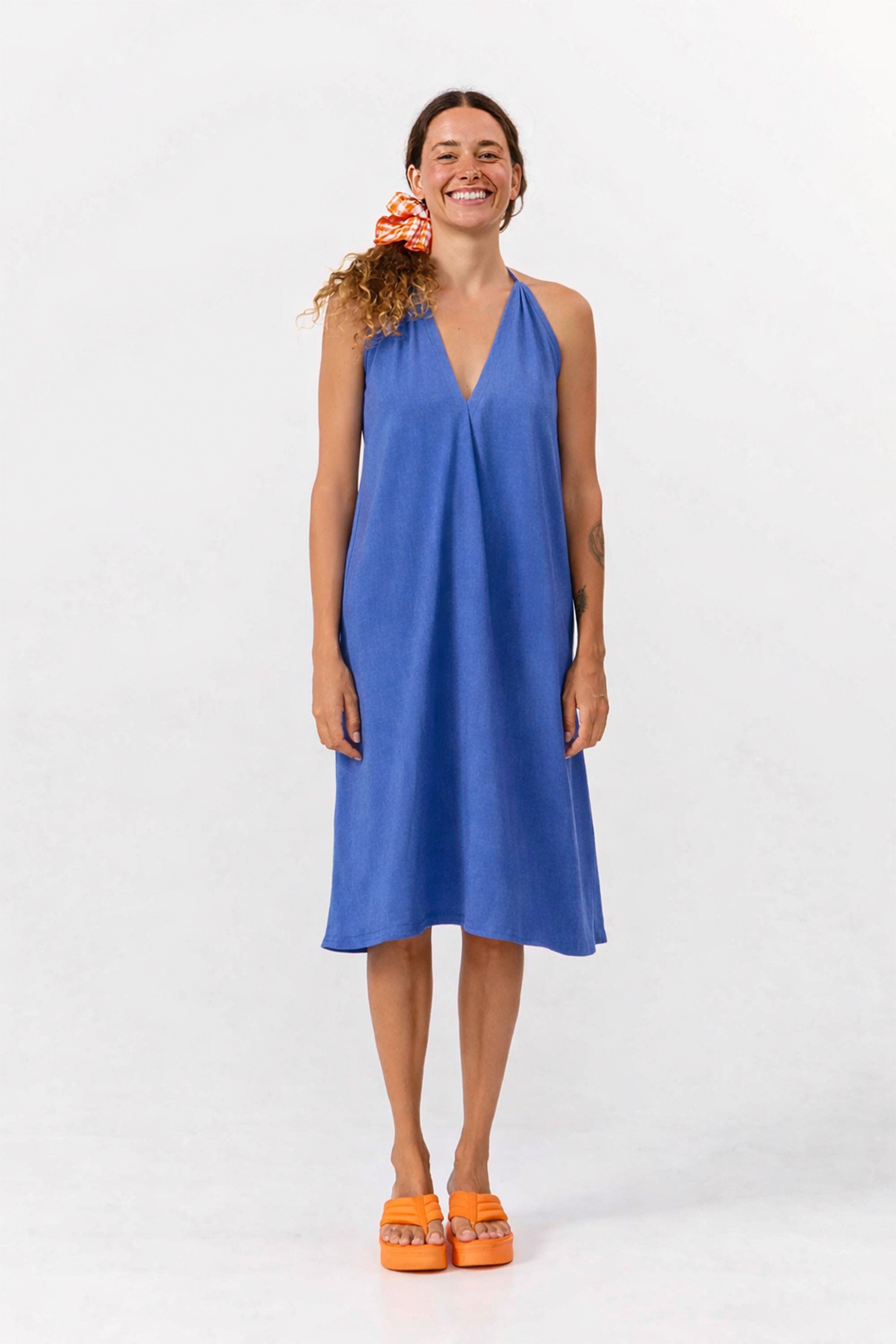 VESTIDO CORTO MULTIPOSICIÓN VISCOSA/LINO MID BLUE